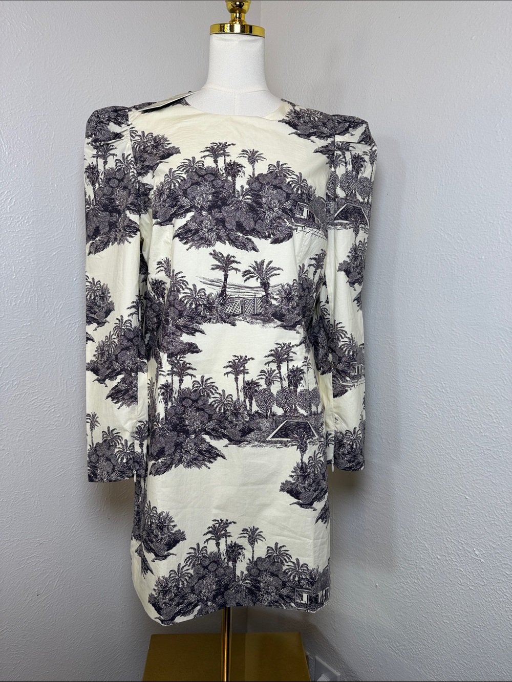 Tuckernut India Hicks Cream & Black Palm-Print Long-Sleeve Shift Dress